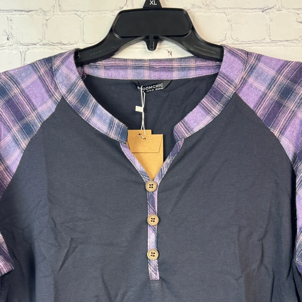 BloomChic Navy and Purple Plaid Long Sleeve Henley Top Plus Size 1X - Picture 5 of 7
